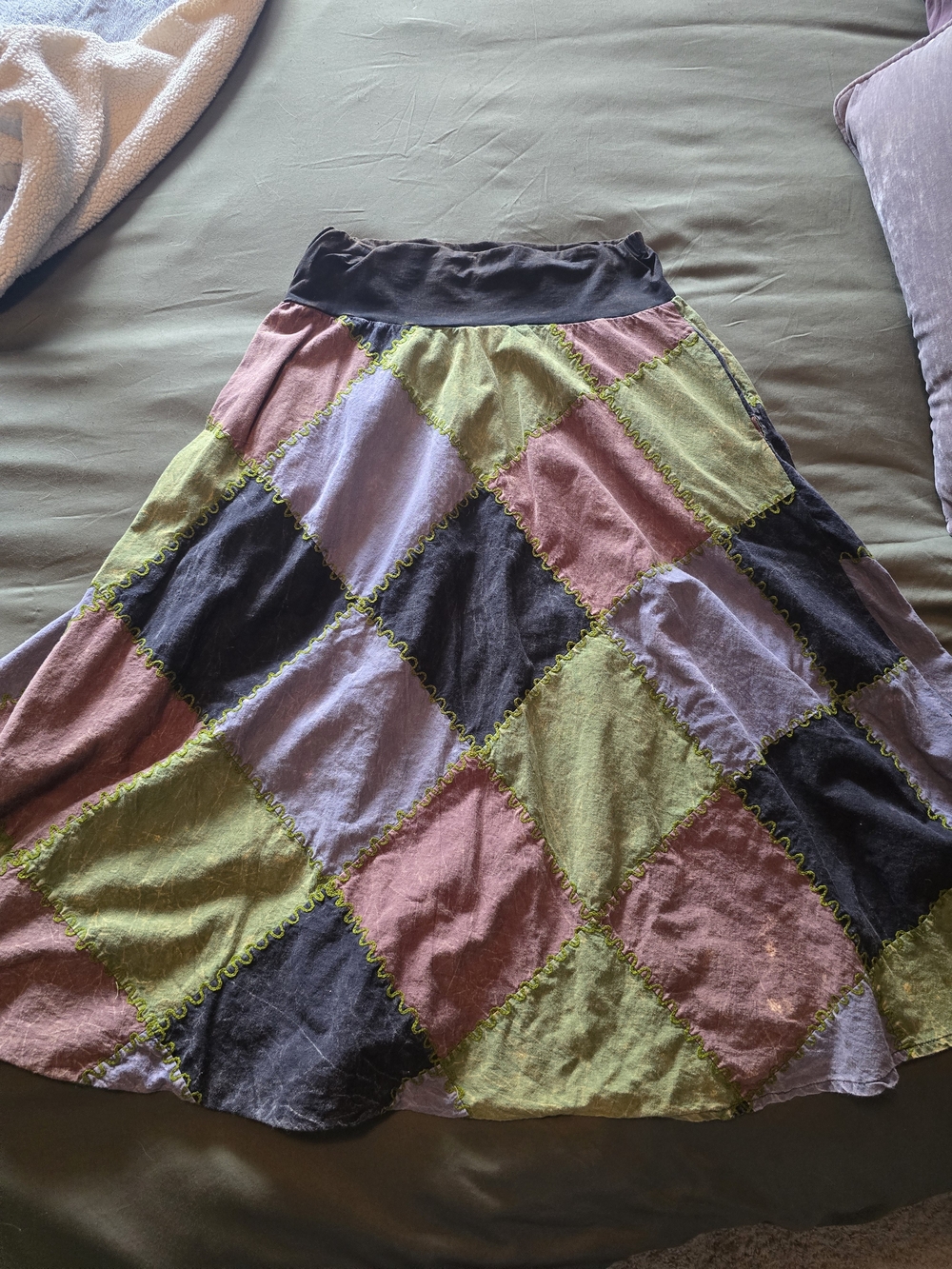 Patchwork Diamond Circle Skirt in Pink, Green, Black, and Lavender